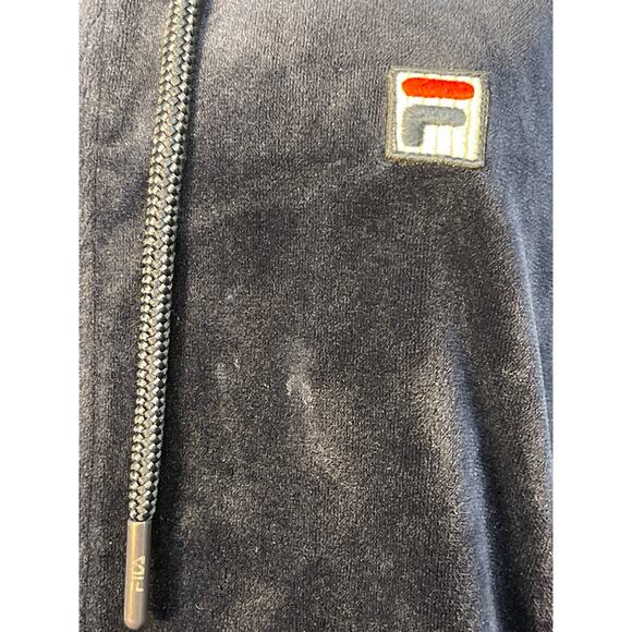Fila Navy Blue Velour Full Zip Hoodie with pockets and Logo Ribbon on Sleeves M - Picture 2 of 9